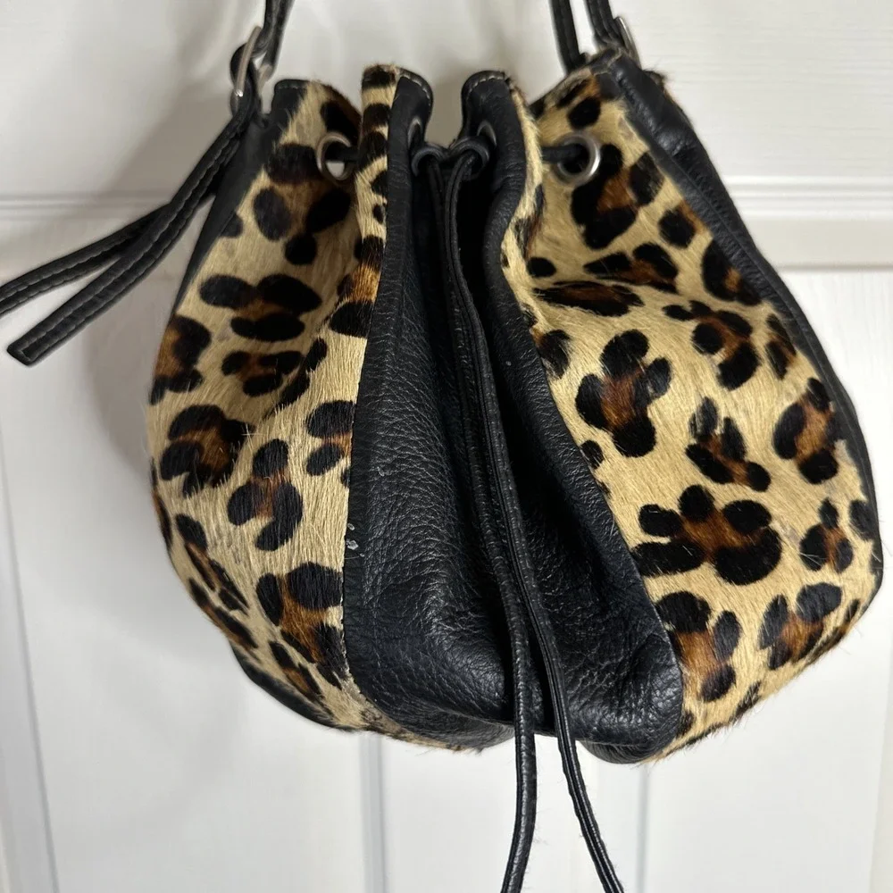 Divina Firenze Calf Hair Leopard Print Pouch Drawstring Bucket Bag Italy